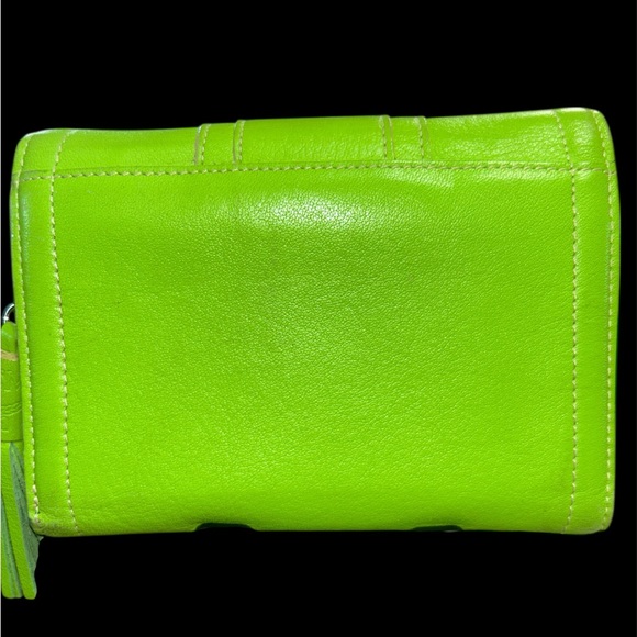 MCM Neon Green Leather Tri-Fold Wallet with Tassel - Picture 4 of 7